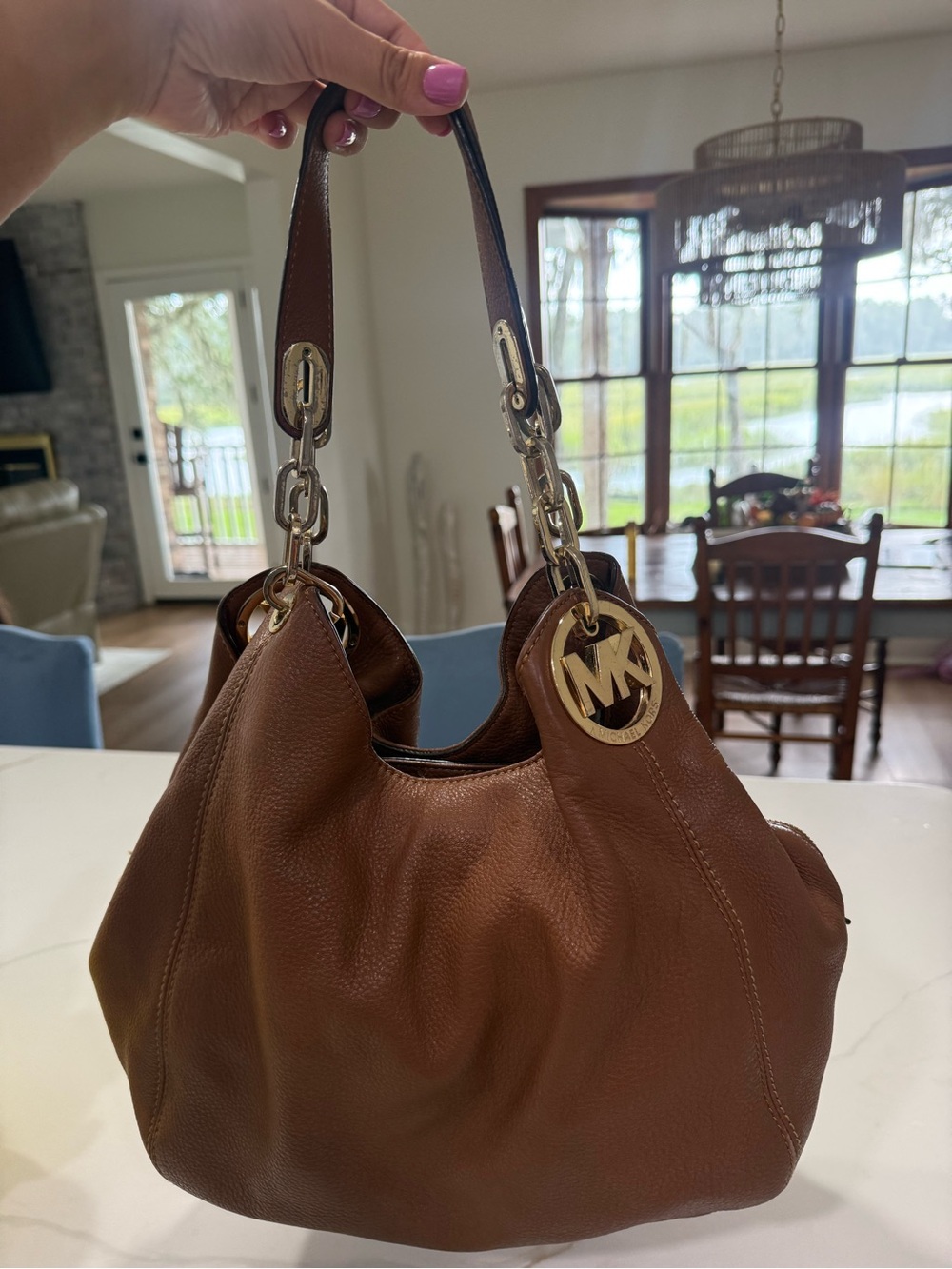 Michael Kors Fulton Large Shoulder Bag Acorn Brown Leather Gold Chain